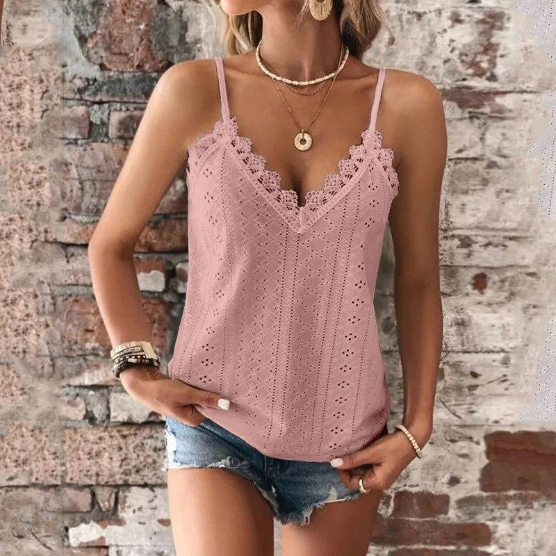 Women'S Tank Top V Neck Lace Camisole Casual Cute Summer Top Loose Fit Creme Crop Top Thin Strap Shirt Vest Clothing Woman