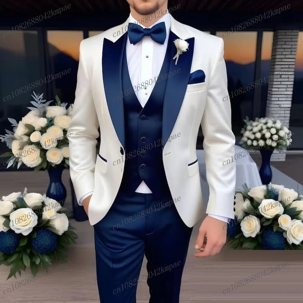 White And Blue Business Men Suit Formal Occasion Groom Groomsman Wedding Party Prom Male Tuxedo 3 Piece Set Blazer Vest Pants