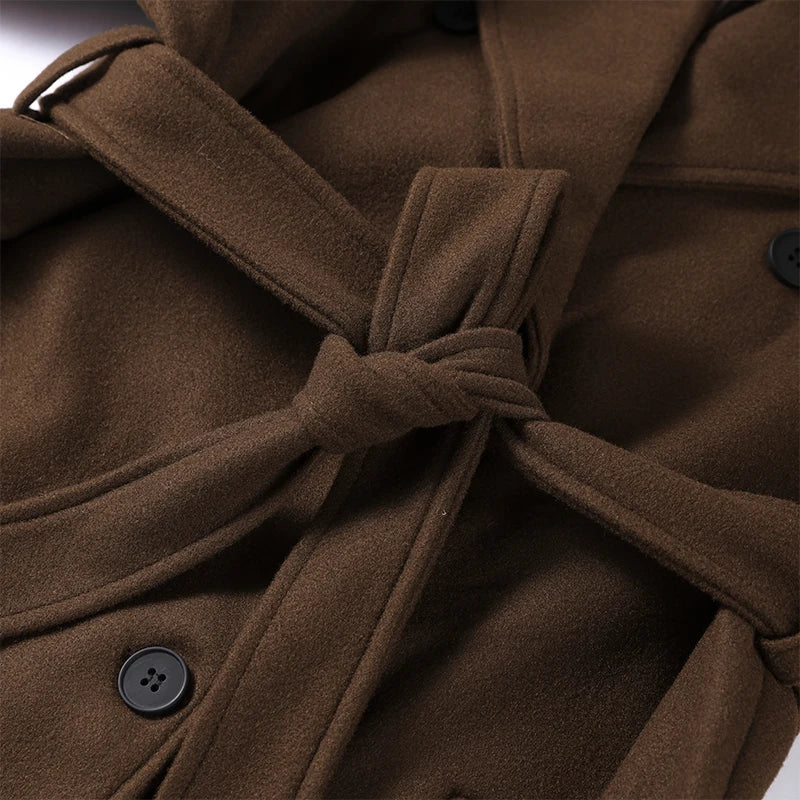 Woolen Breasted Long Coat Women Lapel Double Breasted Casual Pocket Chic Elegant Outwear Autumn Winter Street Lady Overcoat