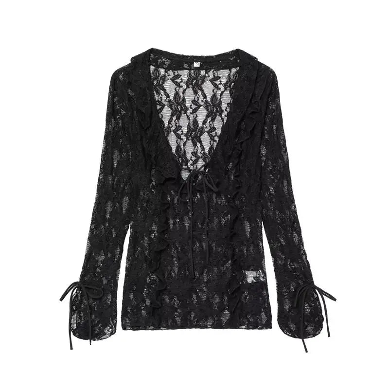 Women's Tops Summer 2025 New Chic Lace Perspective Elegant Holiday Tops Women Street Fashion Slim V-neck Youth Tops