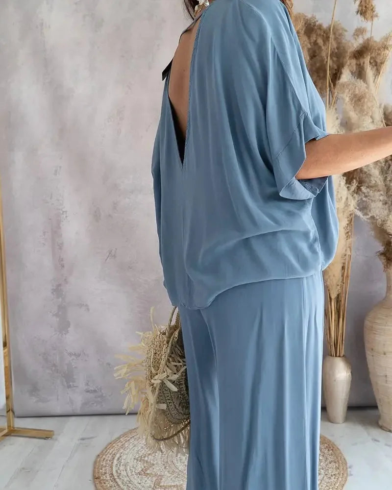 Women's Summer Trousers Suit V-neck Bat Sleeve Casual Top Lace-up Trousers Loose Solid Color Suit Two-piece Set