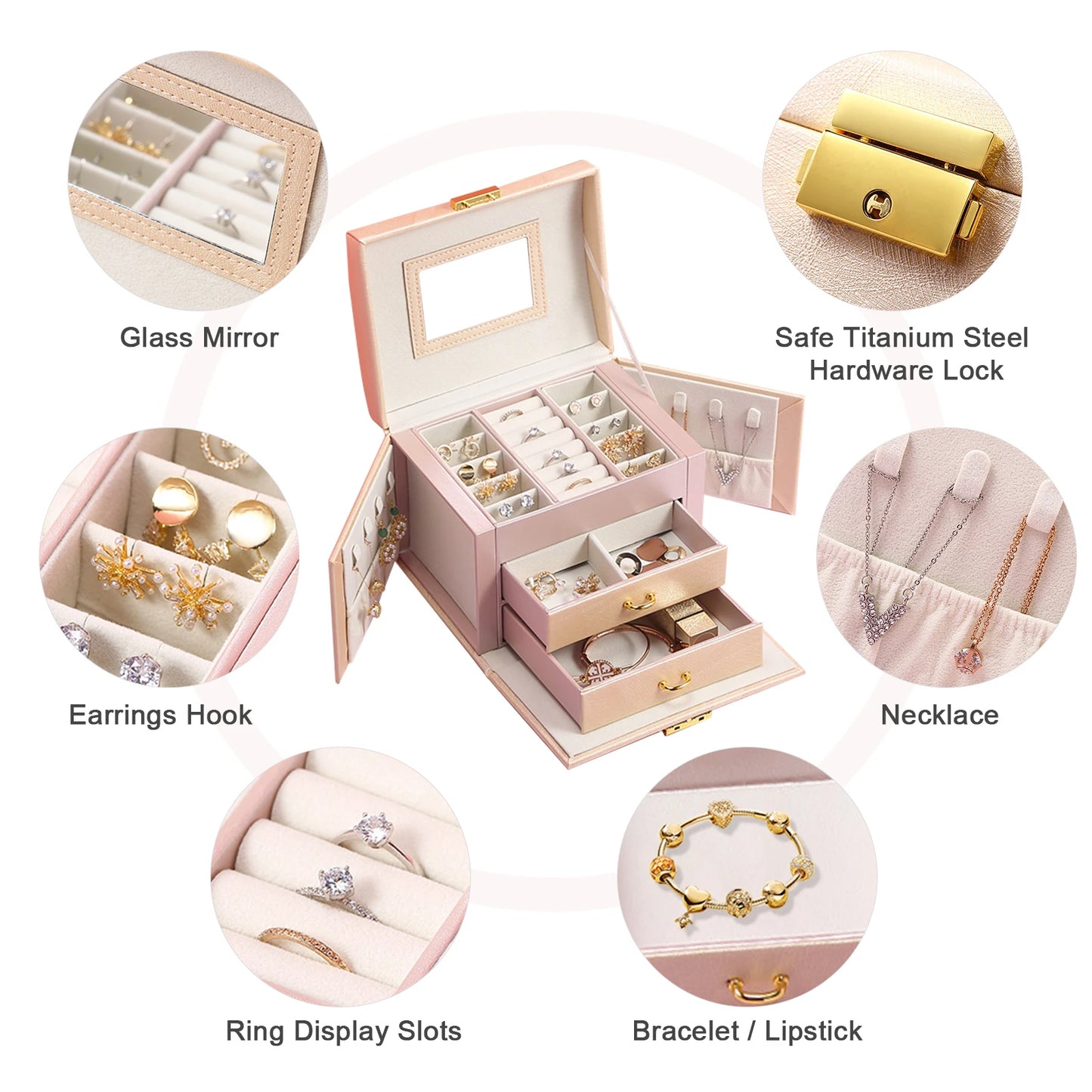 Jewelry Box for Women 3 Layers Large Jewelry Organizer with velvet Travel Jewelry Storage Organizer for Earring Ring Necklace