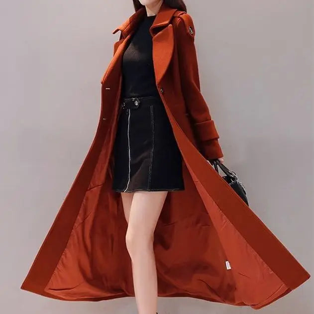 Women's Long Woolen Coat 2023 Spring Autumn New Korean Waist Slimming Over-Knee Thick Keep Warm Woolen Coat Lady Overcoat