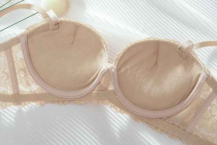 Thickened Underwear Women's Small Breasts Gather Together with Steel Rings Shaped Upper Support A Cup Flat Bra Double Bralette