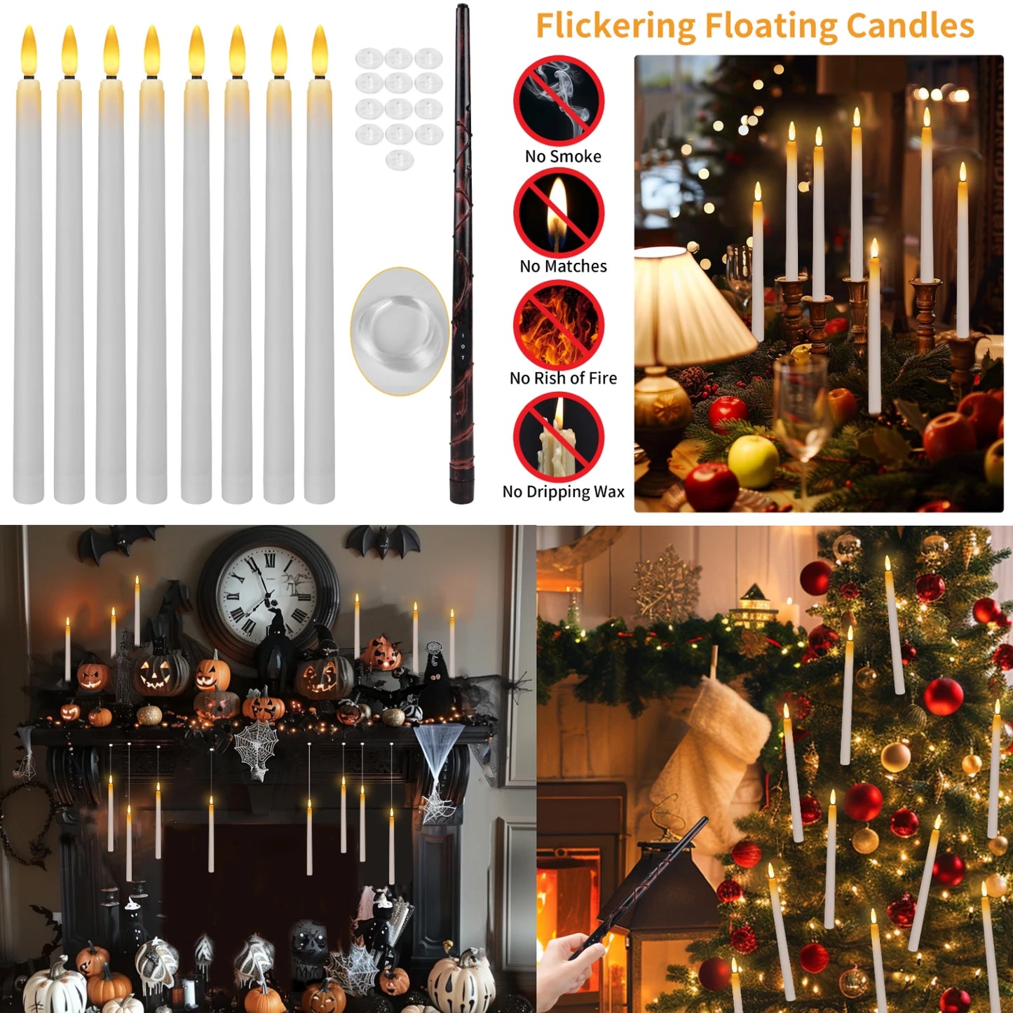 Floating Candles with Magic Wand Remote Control Flickering Warm Light Flameless Taper Candle for Christmas/Wedding/Party Home