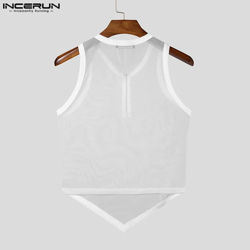 Men Tank Tops Summer Mesh See-Through Tops Tee INCERUN Sexy Sleevelesss Streetwear Party Irregular Men's Clothing Blouse S-3XL