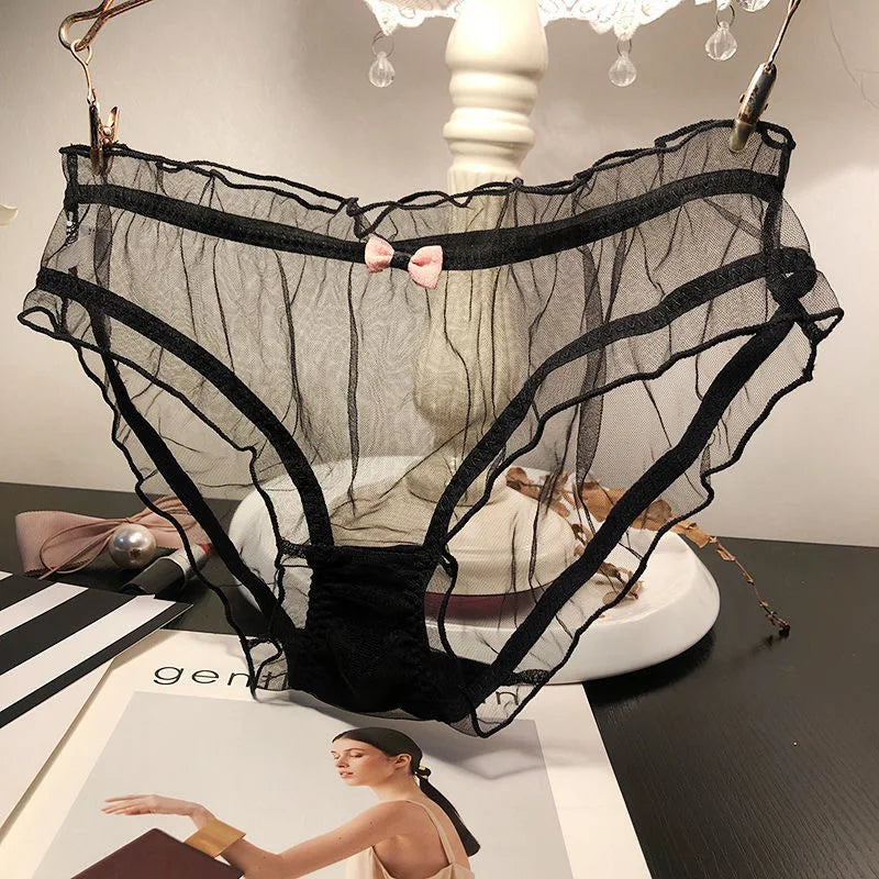 Women Sexy Transparent Panties Pink Bow Cotton Crotch Briefs Female Mesh Breathable Underwear Wave Edged Hollow Out Underpants