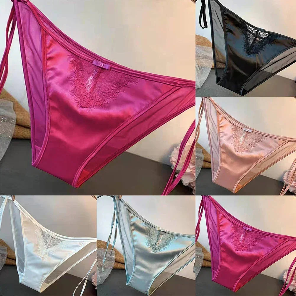Women Lace Panties Lingerie Soft Silk Satin Underwear Knickers Briefs Seamless Simulated Silk Strap Low Waist Underwear For Lady