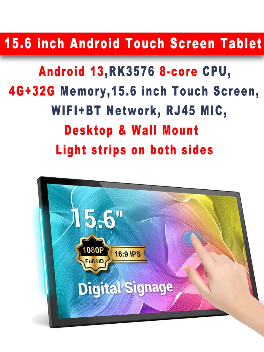 Smart Home Tablet Wall Mount with Double-Sided Lights 15.6 Inch FHD Touch Screen Android 14 8-Core 8G 128G POE for Home Automati