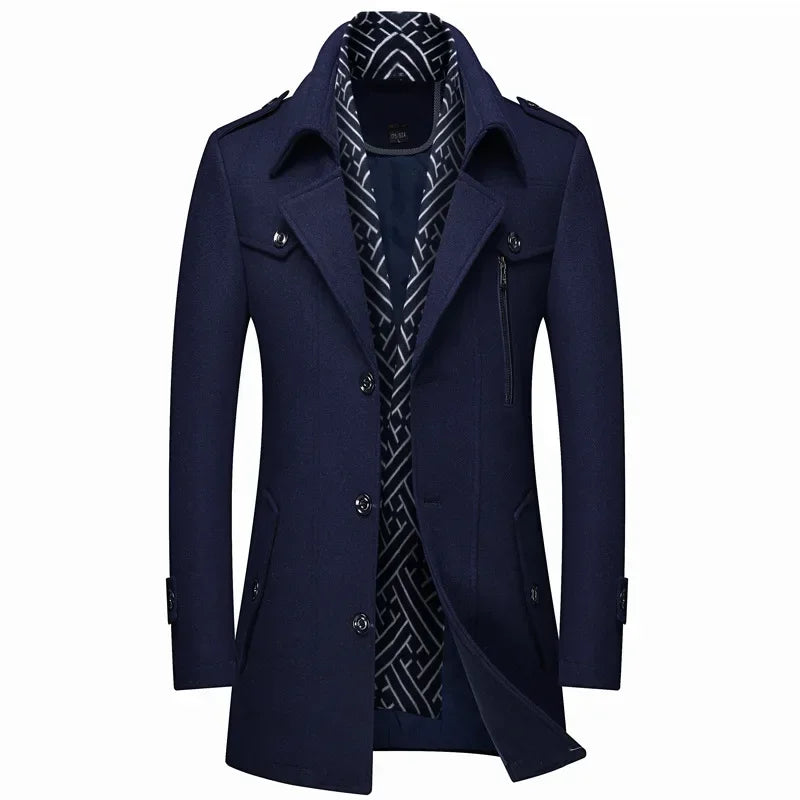 Men's Woolen Coats Fashion Thicken Mid Length Trench Turn Down Collar Warm Outerwear Business Casual Wool Coat