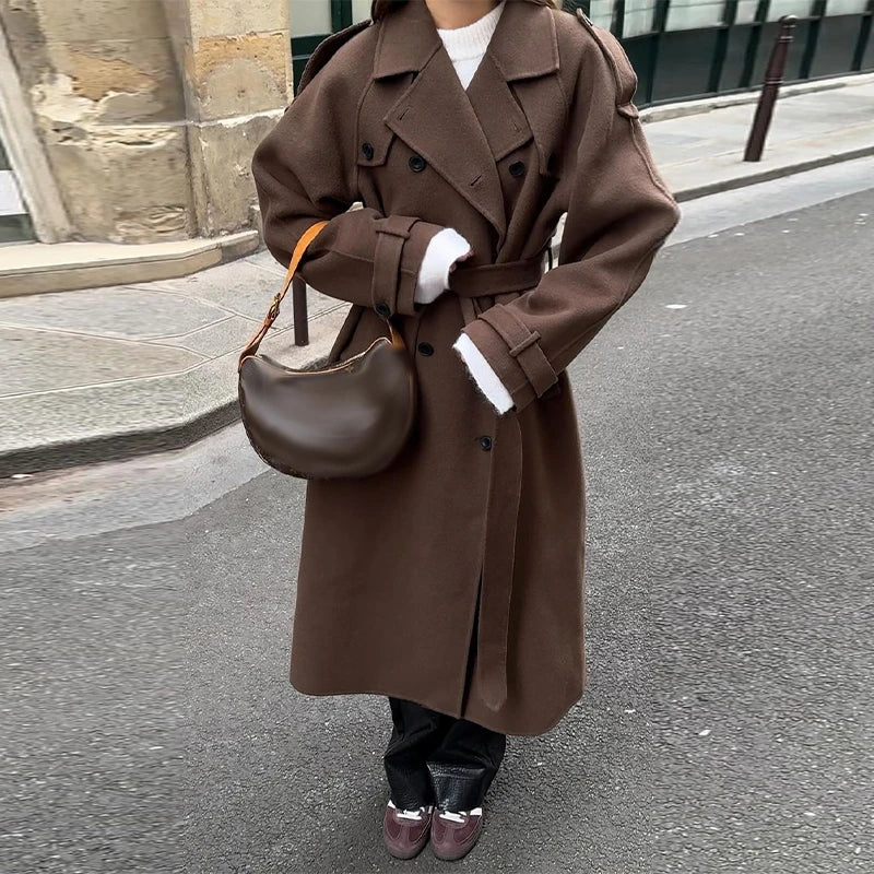 Woolen Breasted Long Coat Women Lapel Double Breasted Casual Pocket Chic Elegant Outwear Autumn Winter Street Lady Overcoat