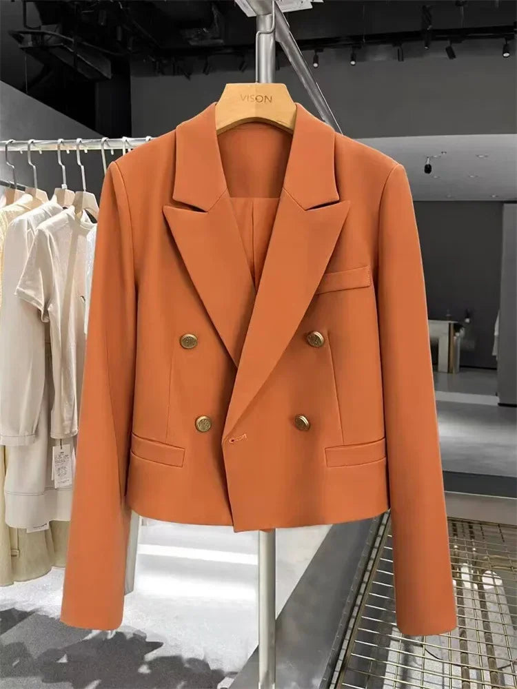 Women's Short Suit Jacket  Autumn 2025 Female Casual Suit Double-breasted Office Lady Solid Coffee Turndown Collar Blazers Women