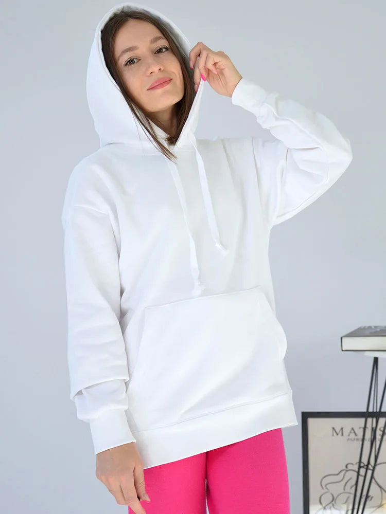 Solid Oversize Hoodies For Women Pocket Casual Loose Hooded Sweatshirt Woman Autumn Cotton Terry Hoodies Women Oversize Pullover