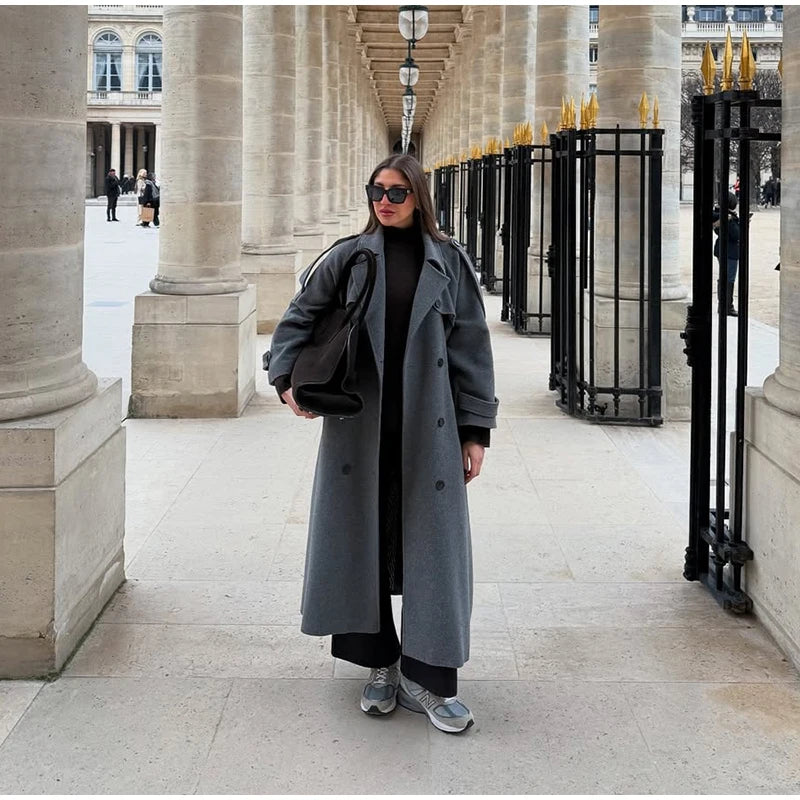 Woolen Breasted Long Coat Women Lapel Double Breasted Casual Pocket Chic Elegant Outwear Autumn Winter Street Lady Overcoat